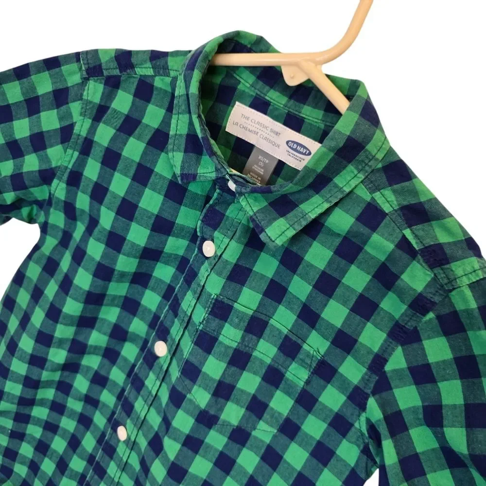 Old Navy Boys XS Classic Shirt Green Blue Plaid Short Sleeve Button Up Shirt